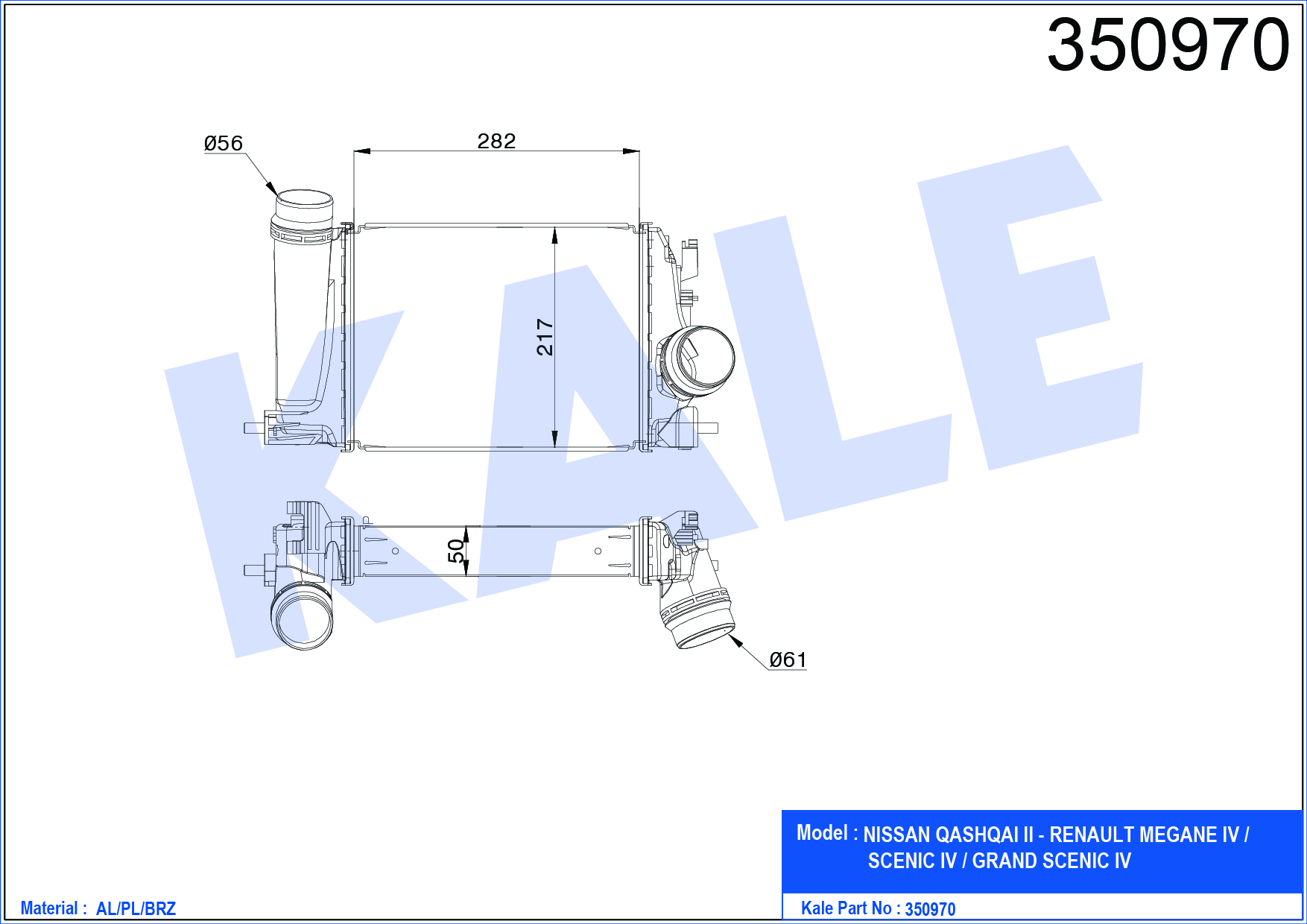 Yedek Parça :KALE INTERCOOLER QASHQAI 1.2 DIC-T (03+) RENAULT MEGANE4 1.2TCE (15+) AL PL BRZ Özellikler: 350970