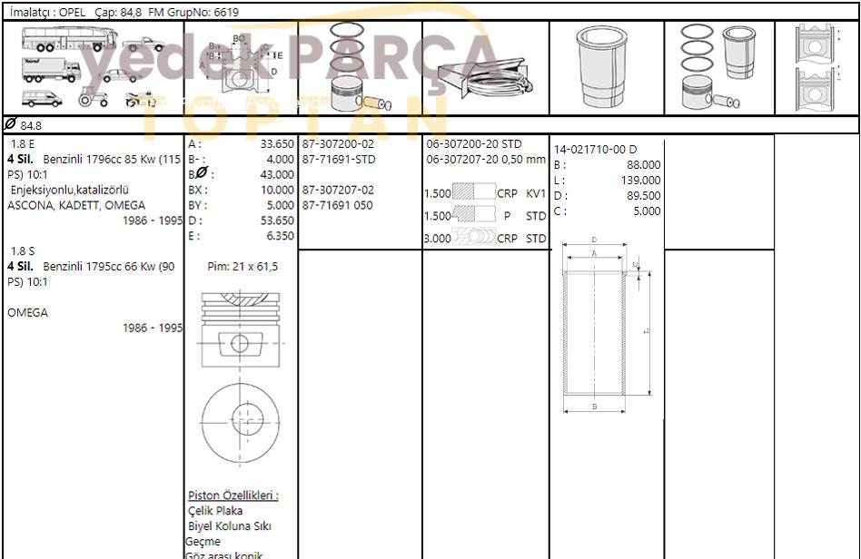 PISTON SEGMAN 0.50 84.80MM VECTRAA OMEGAA 1.8 8V 1.8S