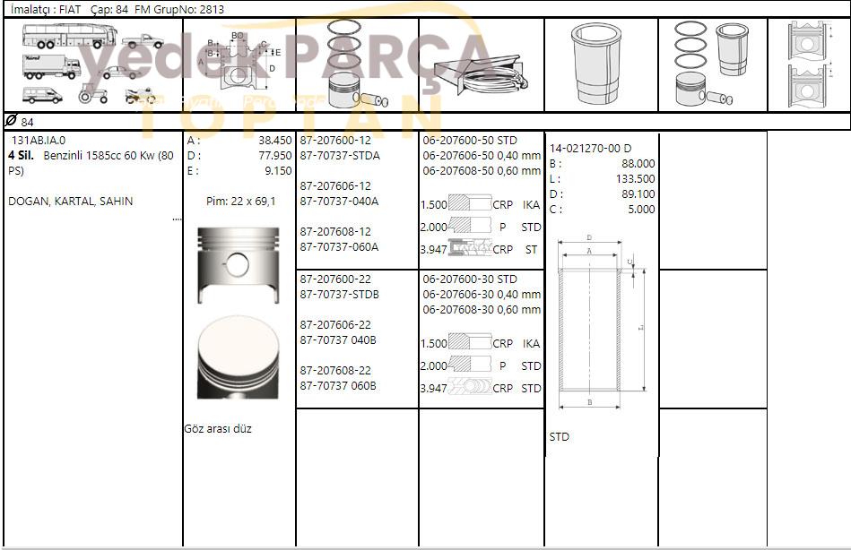 GOETZE GOMLEK STD 84MM 131 DKS 1600