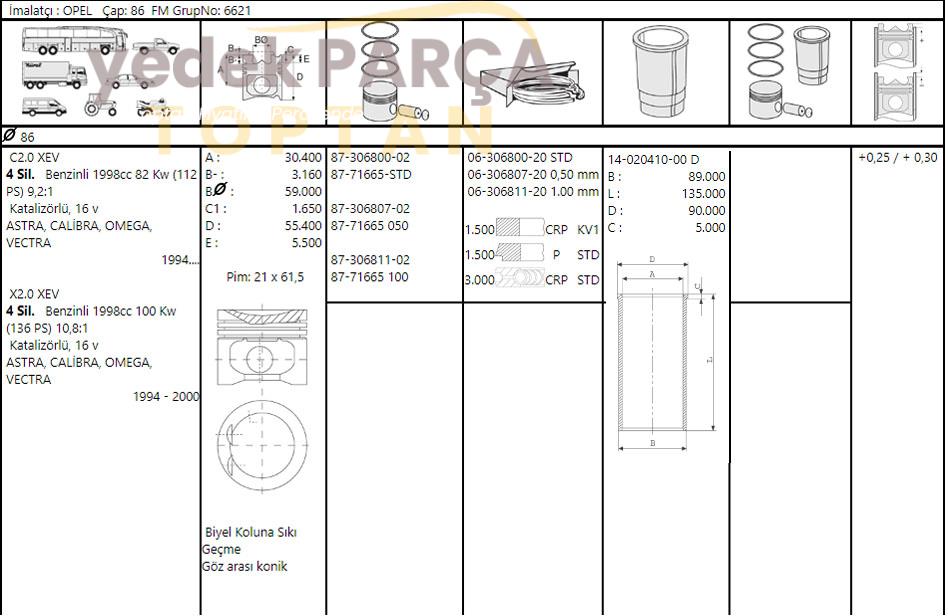 GOETZE OPEL GOMLEK 86MM VECTRAA VECTRAB OMEGA 2.0 8V 16V