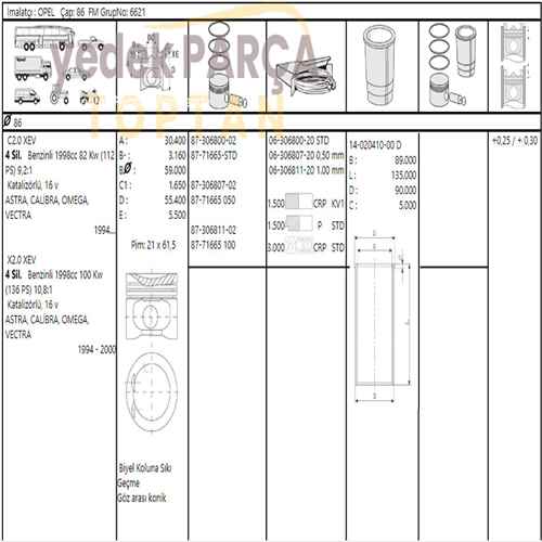 PISTON SEGMAN 0.50 86MM 0.40MM KISA VECTRAB ASTRAF ASTRAG X20XEV